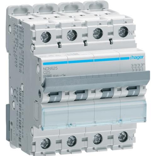 Hager, Schutzschalter, HAG NCN625 Leitungsschutzschalter 3P+N 10kA C-Charakteristik 25A 4 Module