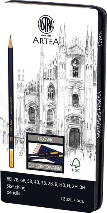 Produktbild Astra Zestaw ołówków do szkicowania Artea mix 12 sztuk metalowym pudełku (2B, 2H, 3B, 3H, 4B, 5B, 6B, 7B, 8B, B, H, HB, 12x)
