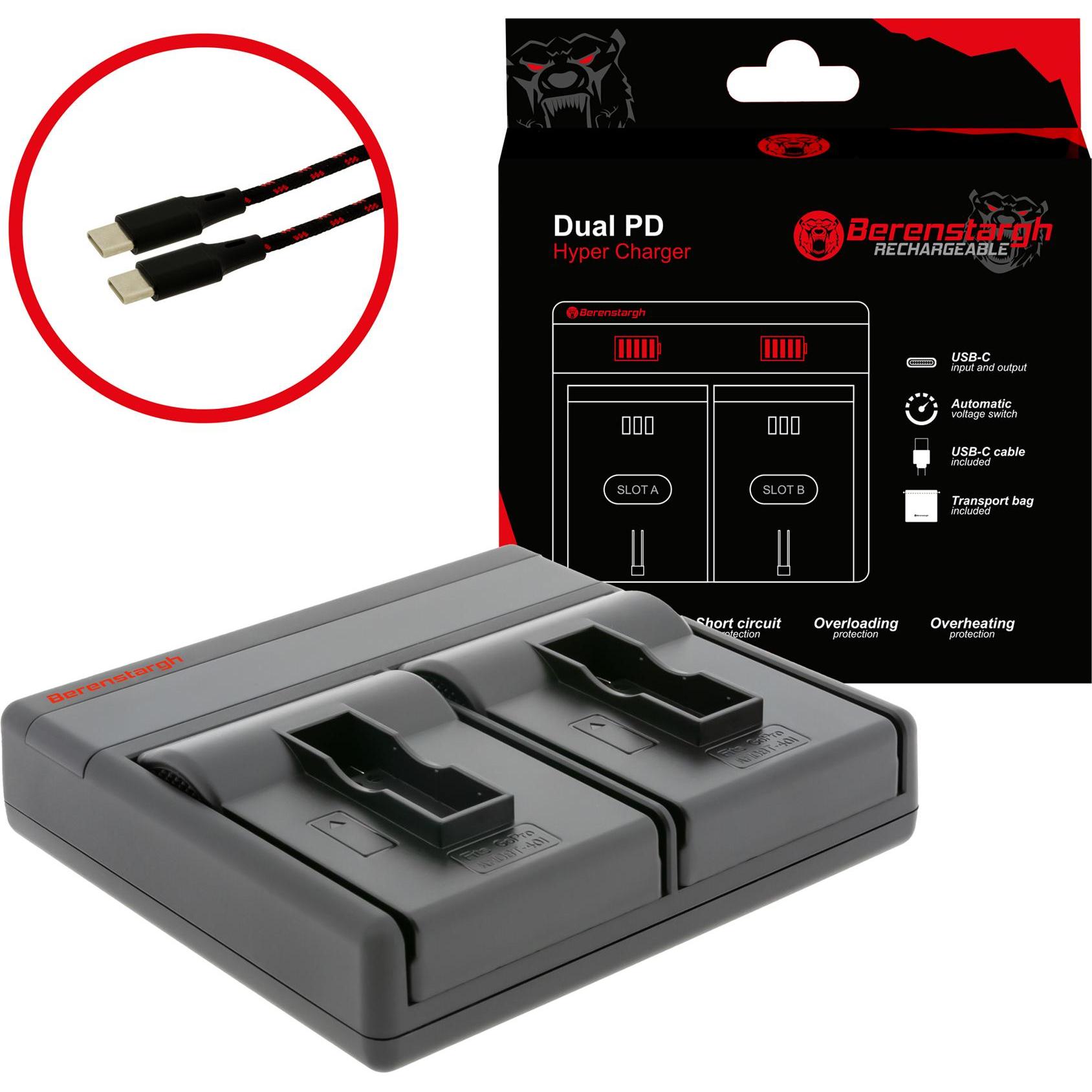 Berenstargh Dual PD Hyper Ladegerät f. GoPro AHDBT-401 USB-C in/out Powerbankfunktion, Accessori action cam, Nero