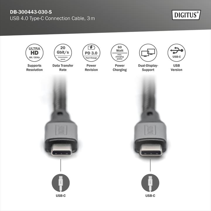 Produktbild Digitus USB C – USB C (3 m, USB 4.0, 60 W)