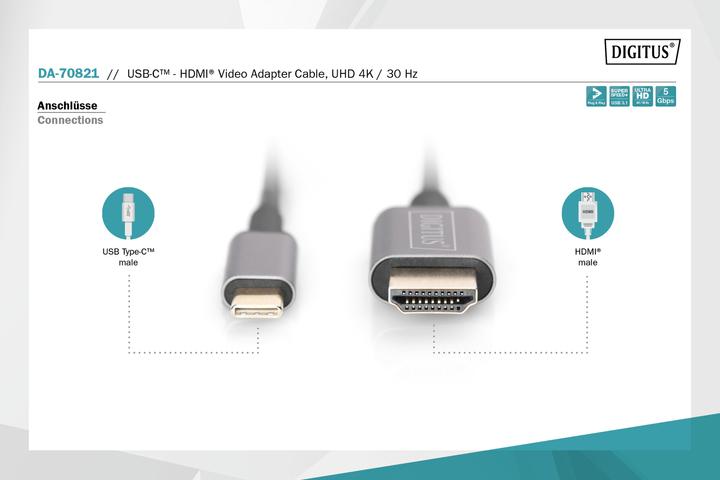 Actual product image Digitus USB Typ C — HDMI (Typ A) (1.80 m, USB Type C)