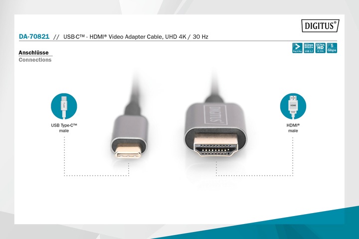 Produktbild Digitus USB Typ C — HDMI (Typ A) (1.80 m, USB Typ C)