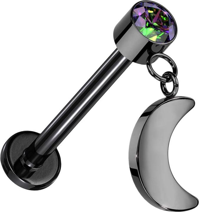 Produktbild Star Piercing Micro Threadless Labret schwarz Zylinder schwarz Kristall dunkel multicolor Anhänger Mond schwarz (ohne Messing, Titan G23)