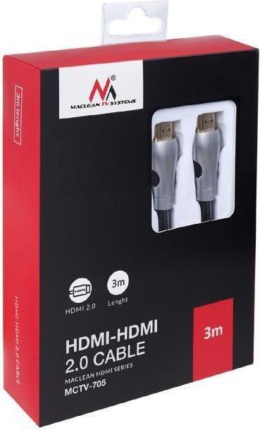 Image du produit Maclean MCTV-705 Câble MCTV-705 HDMI-HDMI 3m v2.0 30AWG 4K 60Hz Pointe métallique (0.10 m)