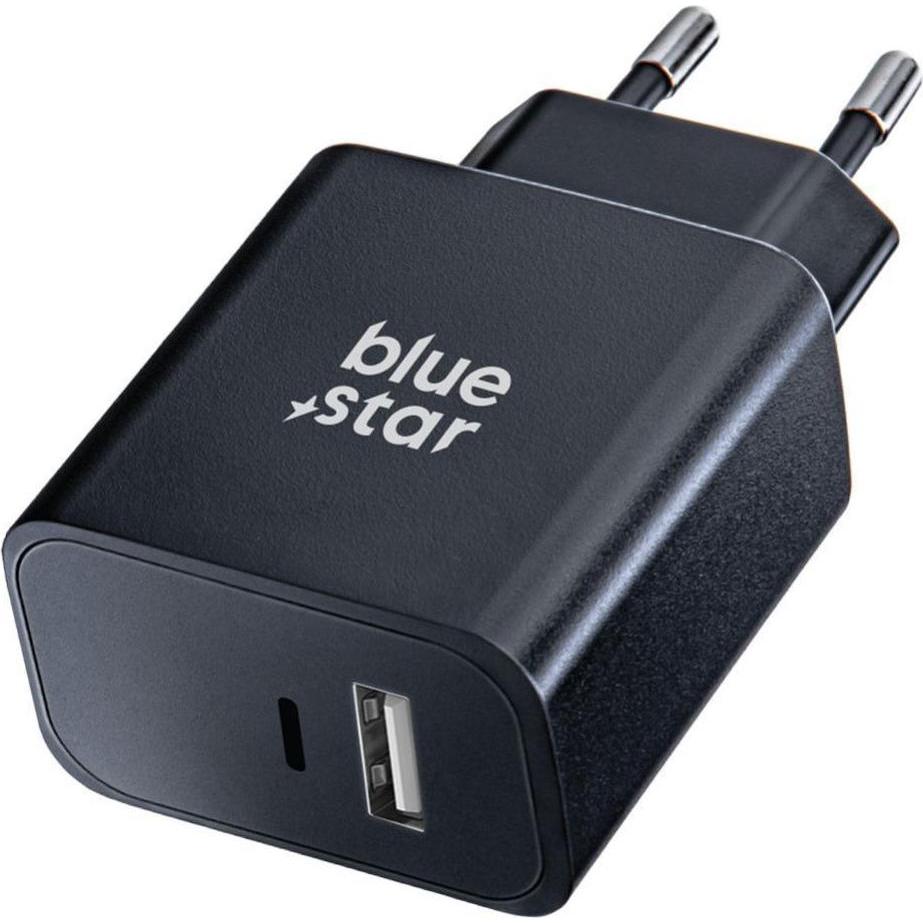 Blue Star Premier Cable Blue Star BLUE STAR travel charger with USB C+USB-A sockets PD QC4.0 3A 25W TFB-TC-25WPD black (25 W), Caricatore USB, Nero