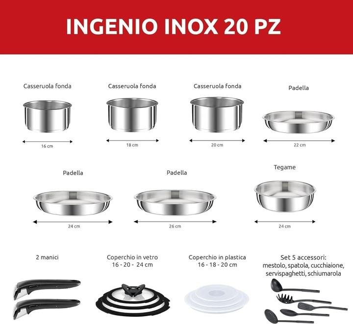 Immagine prodotto Lagostina Set pentole 20 pezzi, compatibile induzione, forno, accessori e coperchi rimovibili (Padella per friggere, Pentola, Acciaio inossidabile)