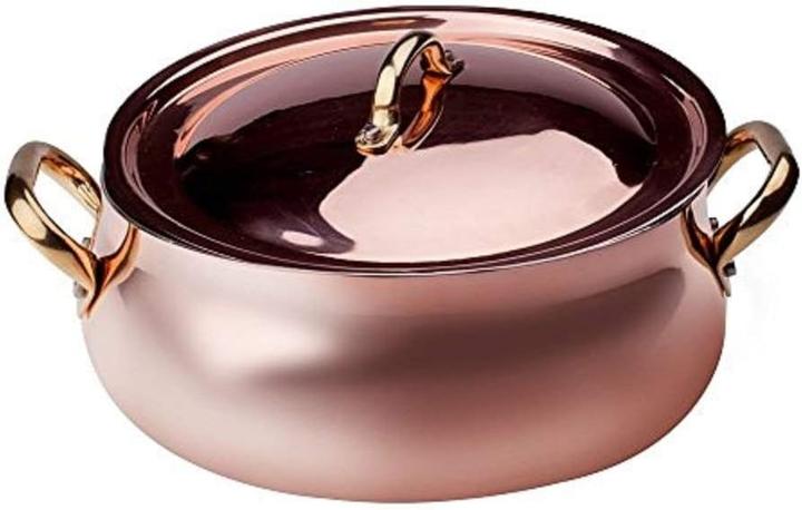 Baldassare Agnelli Lage afgeronde braadpan mit zwei messinggriffen und deckel, handvertind glatt kupfer (Bräter + Schmortopf, Bratpfanne, Kupfer)