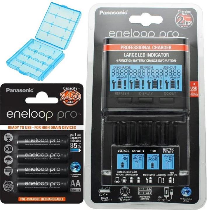 Panasonic Chargeur EneloopBQ-CC65 avec écran LCD, 4 eneloop pro AA Mignon, AccuCell Box Blue (4 pcs, AA, 2550 mAh, Piles rechargeables + chargeur)