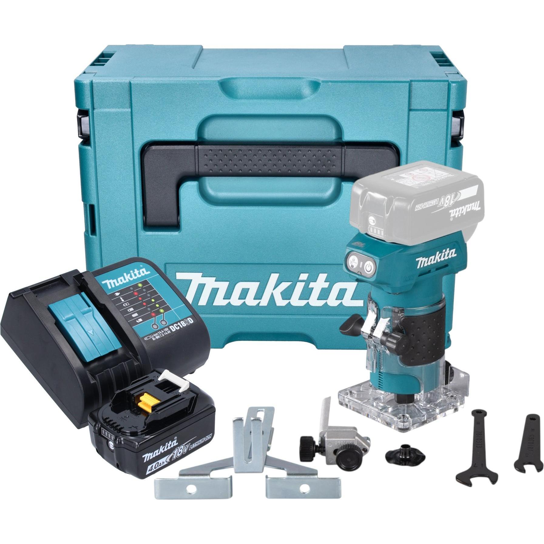 Makita, Fräse, DRT 52 SM1J Akku Kantenfräse 18 V 6 mm Brushless + 1x Akku 4,0 Ah + Ladegerät + Makpac