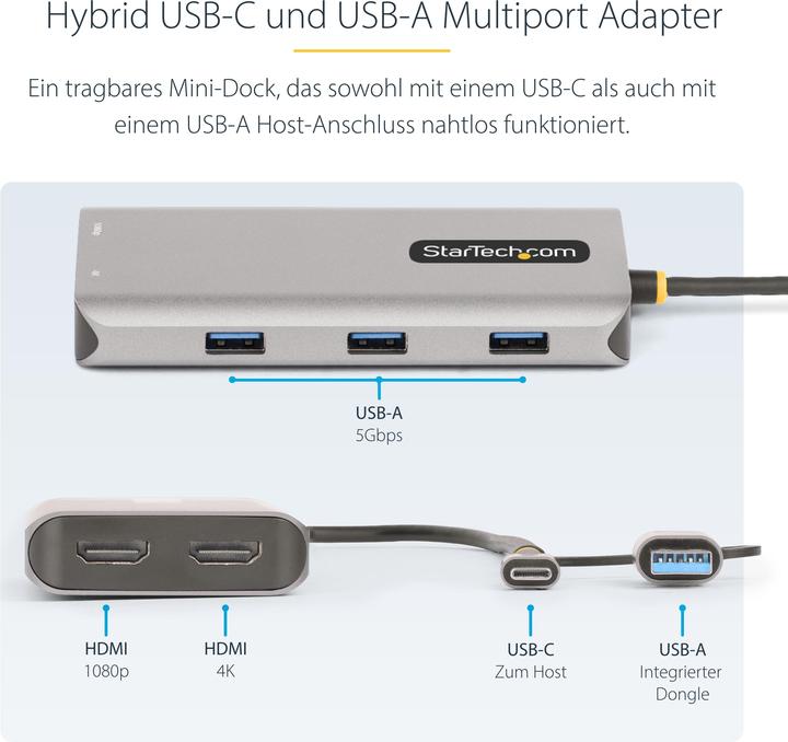 Image du produit StarTech COM USB-C & USB-A Multiport Adapter Dual HDMI 4K/1080p 3-Port USB Hub USB-C to A Dongle Min (USB-C, 3 Ports)