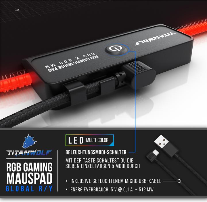 Produktbild Titanwolf RGB Gaming Mauspad, Mausmatte XL 800 x 300mm verbessert Präzision & Geschwindigkeit, Weltkarte rot (XL)