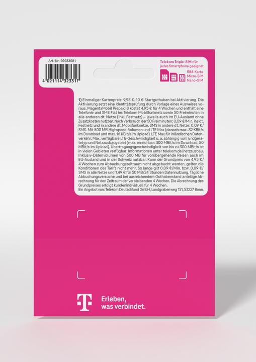 Produktbild Telekom Magenta Mobil Prepaid S (500 MB / 30 Tage)