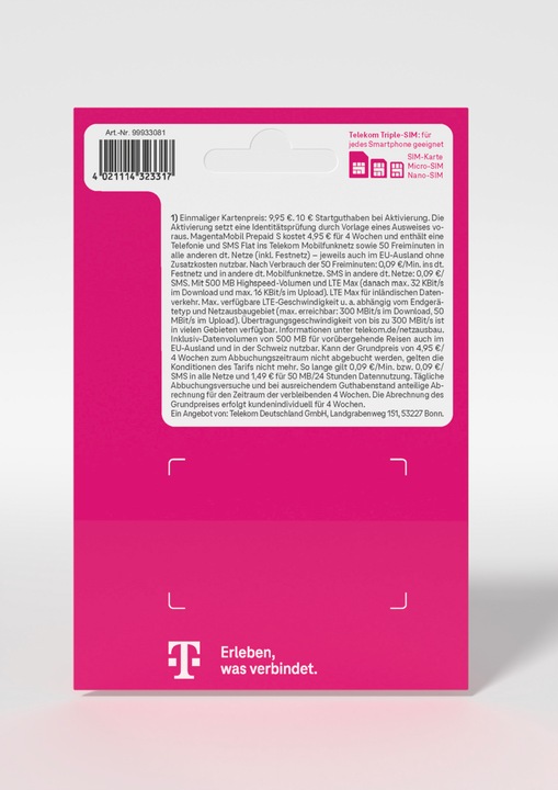 Produktbild Telekom Magenta Mobil Prepaid S (500 MB / 30 Tage)