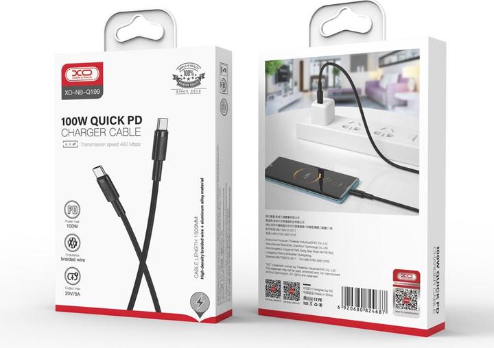 Actual product image xO cable NB-Q199 PD USB-C - USB-C 1,5m 100W black (1.50 m, 100 W)
