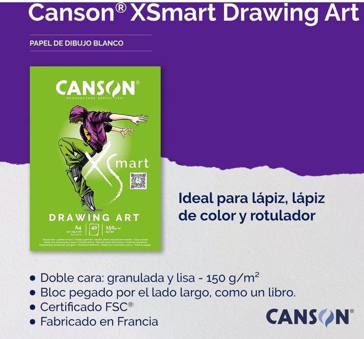 Image du produit Canson Bloc d'étude XS'MART DRAWING ART, DIN A4 papier blanc légèrement granuleux, 40 feuilles, 150 g/qm (A4, Blanc)