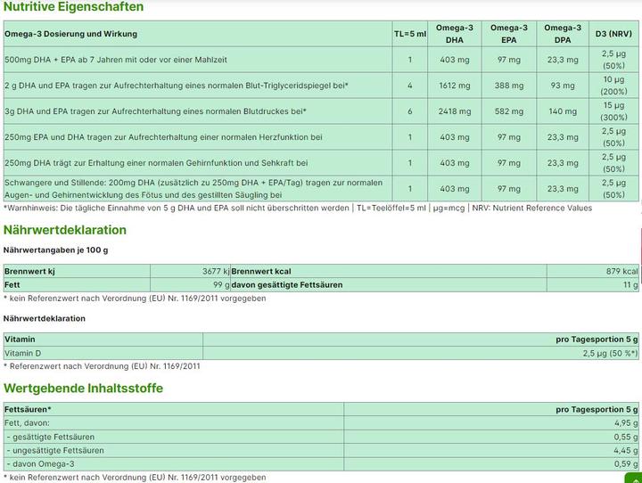 Nutritional values and ingredients Energybalance Ovega3 D3 algae oil (1 Piece, Droplet)