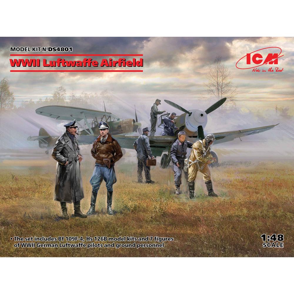 ICM WWII Luftwaffe Airfield(MesserschmittBf109F-4,Hs126B-1,Pilot,Ground Pers(7 fig