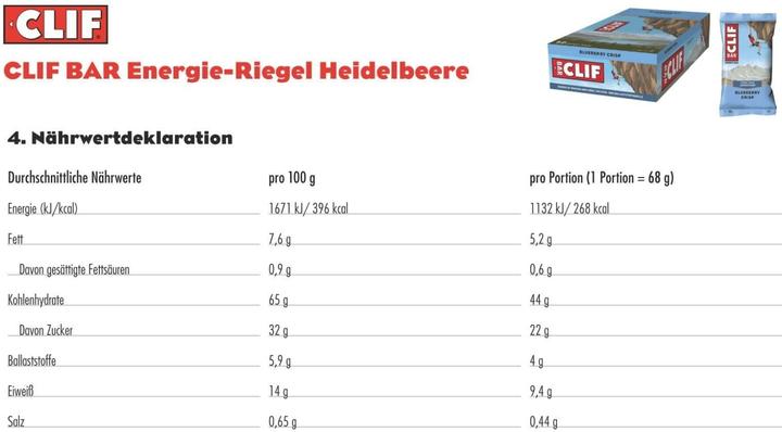 Valori nutrizionali e ingredienti Clif Bar Barretta energetica (Mirtillo, Bacca, 12 pz., 816 g)