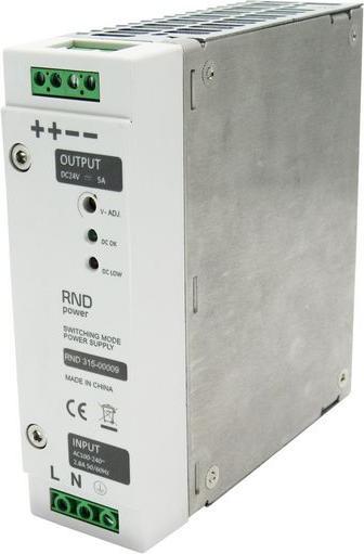 Actual product image RND AC/DC DIN rail mount power supply, 85%, 24V, 5A, 120W, Adjustable