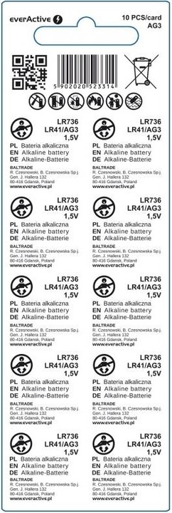 Immagine prodotto Everactive Mini batterie alcaline G3 LR736 LR41 - confezione blister da 10. (10 pz., LR41, 40 mAh)