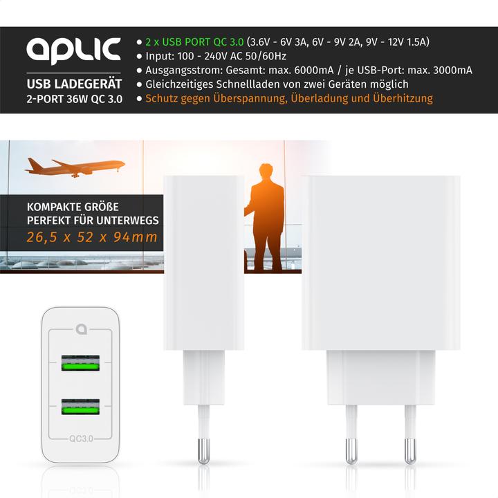 Actual product image Aplic USB charger, 2-port Quick Charge USB charger 36 W / 6000 mA / fast charging function, white (36 W, 2 ports)