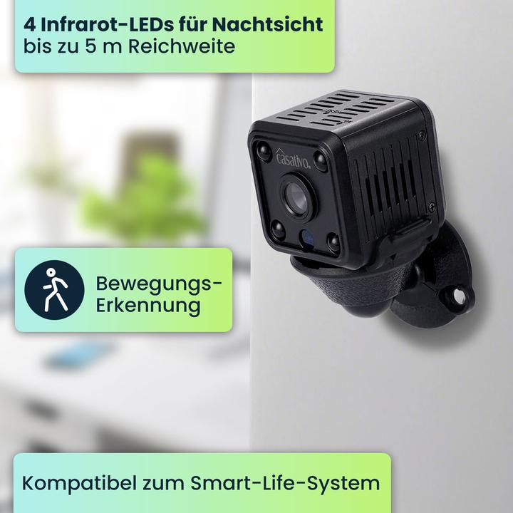 Image du produit Casativo Micro-IP-Kamera, Akkubetrieb, HD 720p, 120° Weitwinkel, Nachtsicht, WLAN (1280 x 720 pixels)