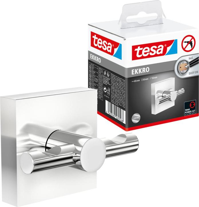 Produktbild tesa EKKRO Handtuchhaken, verchromter Edelstahl - Bad-Haken zur Wandbefestigung ohne Bohren
