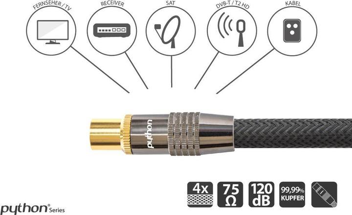 Produktbild Python SAT-Antennenkabel, IEC/Koax Stecker auf Buchse vergoldet, Abschirmung 120 db, 75 Ohm, Nylongeflecht (120 dB, Antennenkabel)