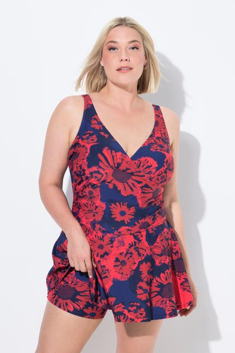 Image du produit Ulla Popken Robe de bain avec short, motif à fleurs et bonnets souples, matière recyclée (44)