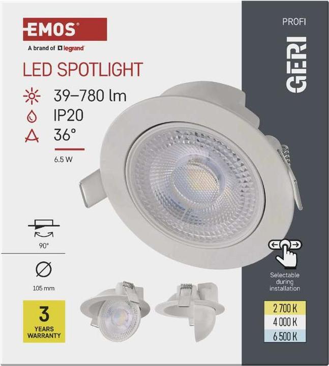 Produktbild Emos LED-Deckenspot GERI 6,5W 780LM IP20 CCT weiss (780 lm)