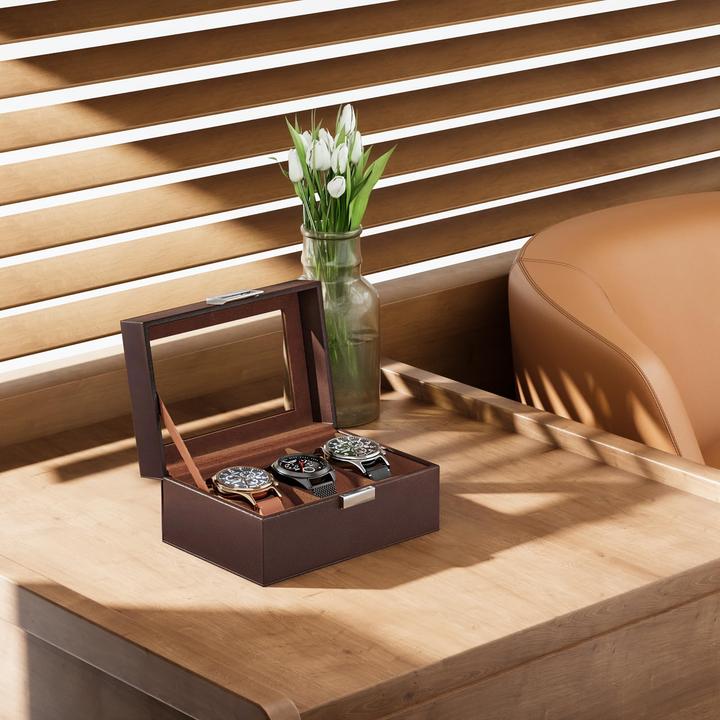 Produktbild Only-Bags.Store Uhrenbox mit 3 Fächern, Uhrenbox mit Glasdeckel, Uhrenkoffer mit Uhrenkissen