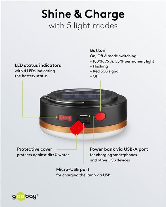Image du produit Goobay Lampe de camping solaire à LED avec batterie rechargeable