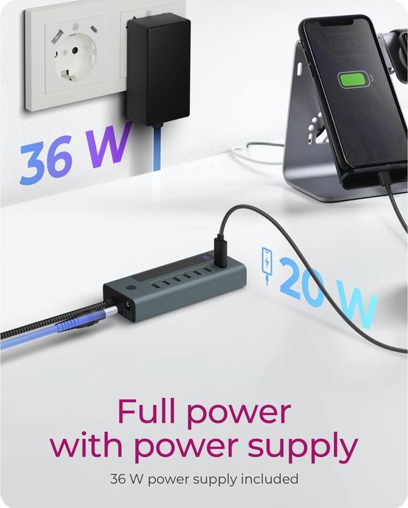 Actual product image Icy Box USB-C hub with 20W charging port and integrated display, IB-HUB1457-C31 (7 ports)