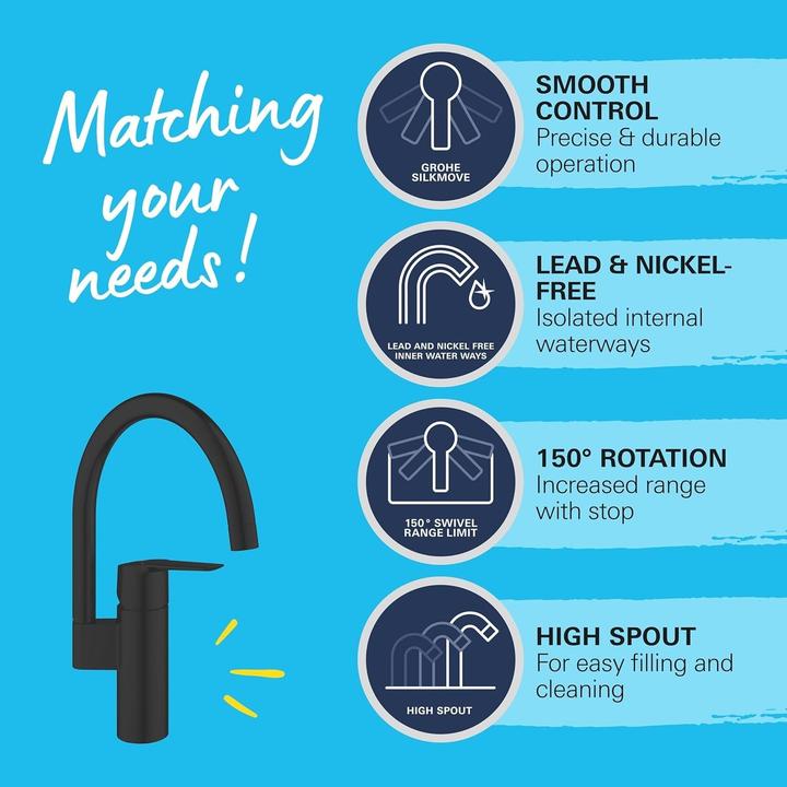Productafbeelding Grohe Start QuickFix keukenmengkraan, hoge uitloop, eenvoudige installatie, draaibaar, mat zwart