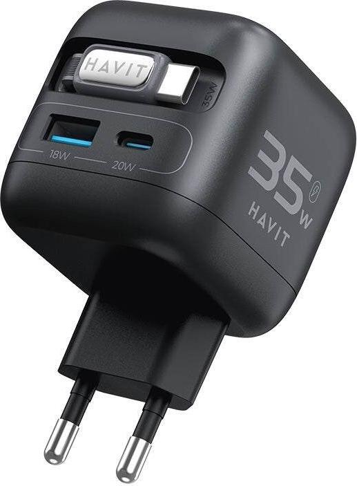 Actual product image Havit UC250 A-EU - GaN travel charger with extendable cable (black) (35 W, 1 portion)