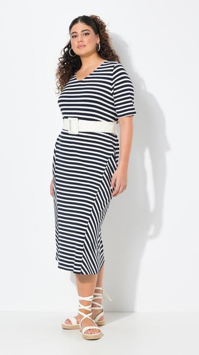 Image du produit Ulla Popken Robe midi à rayures, poches, décolleté en V et manches courtes, coupe évasée (54)