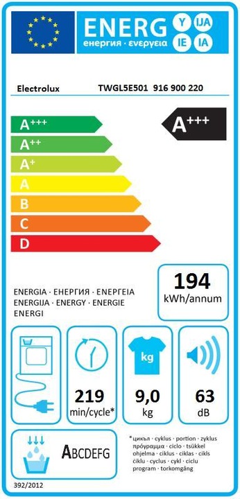 Label énergétique Electrolux TWGL5E501 (9 kg, Modifiable, Gauche)
