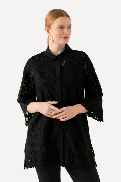 Produktbild Ulla Popken Spitzenbluse, A-Linie, Hemdkragen, Wellensaum, 3/4-Arm (50, 52)