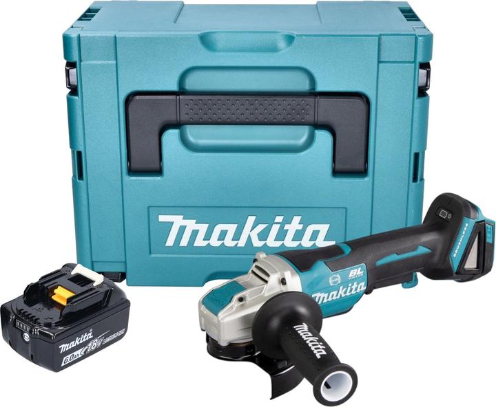 1x smerigliatrice angolare a batteria Makita DGA 520, 1x impugnatura laterale 36 cpl. (158237-4), 1x coperchio di protezione 125 mm (347618-9), 1x batteria Makita BL 1860 B 18 V 6.0 Ah, 1x valigetta Makita Makpac