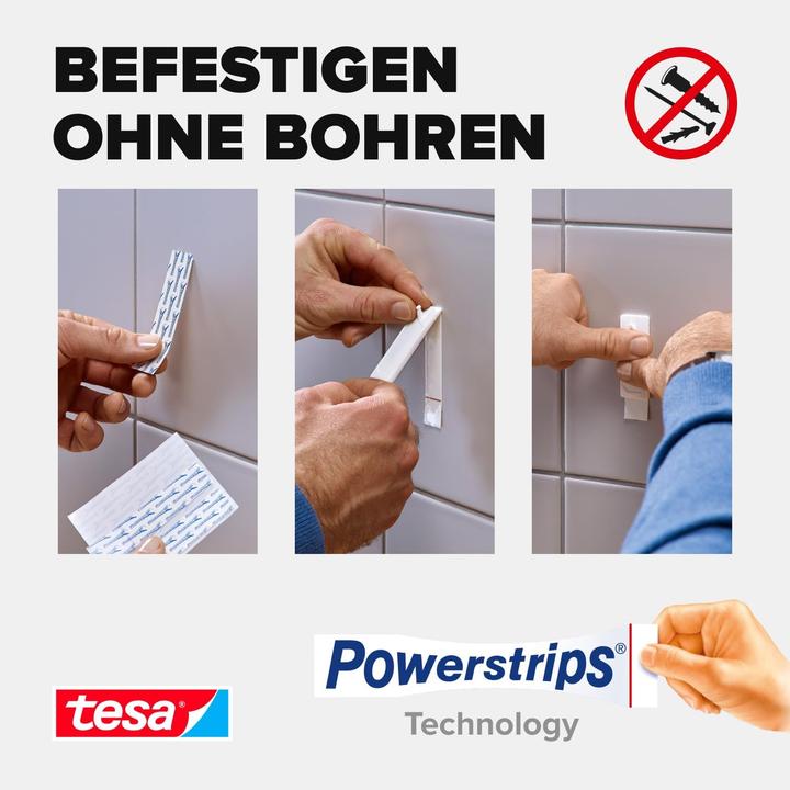 Produktbild tesa Powerstrips für Fliesen & Metall, 2kg Halteleistung, 9x doppelseitige Klebestreifen