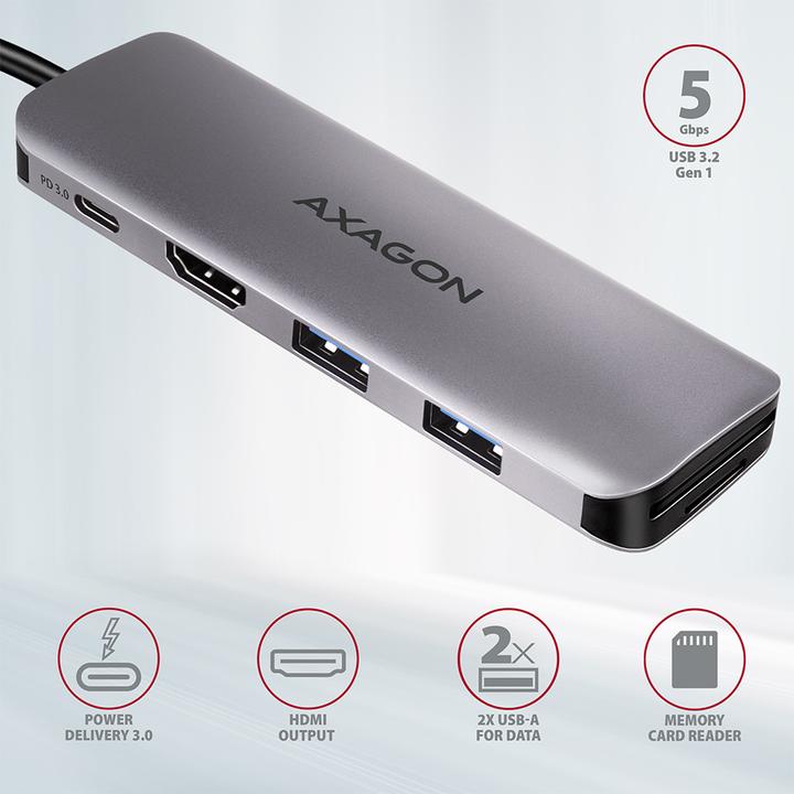 Produktbild Axagon HMC-5 USB-C-Hub, 2x USB-A, HDMI, 2x USB-C 3.2 Gen 1, 1x SD, 1x microSD (USB-C, 2 Ports)