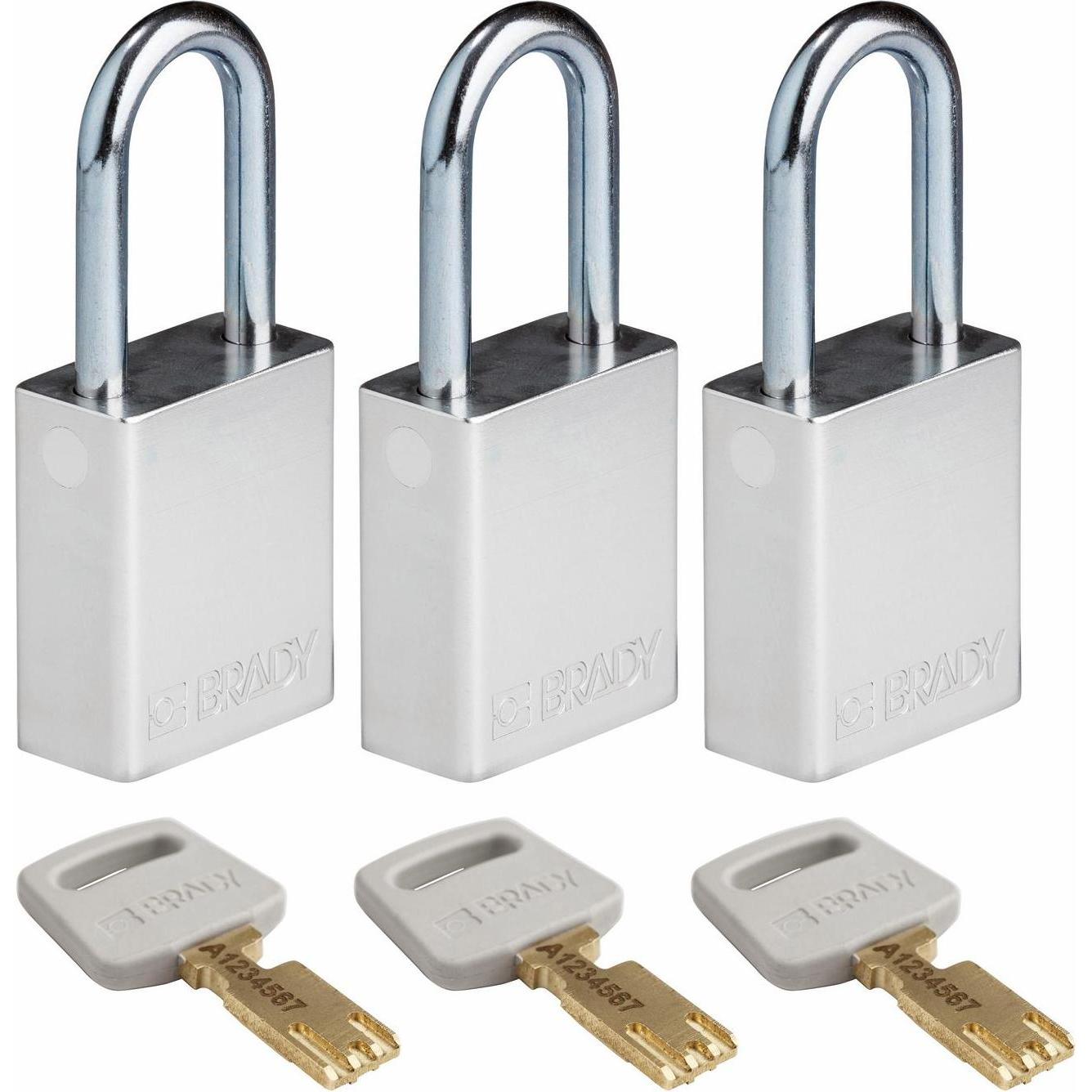 Brady, Vorhängeschloss, Safekey Aluminium-Vorhängeschloss mit Stahlbügel, Silber, 38 mm Bügelhöhe, 6.4 mm Bügeldurch