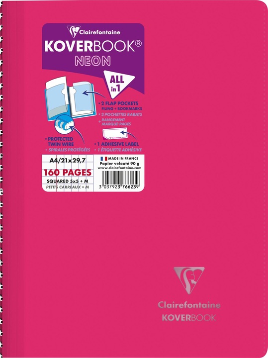 Image du produit Clairefontaine Cahier reliure intégrale enveloppante Koverbook Neon A4 160 pages petits carreaux + marge couverture (A4, Quadrillé, Non contraignant)