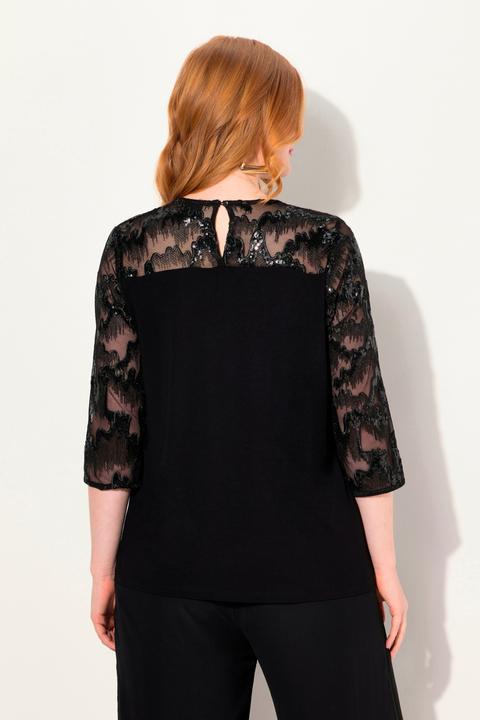 Actual product image Ulla Popken Sequined Mesh Panel 3/4 Sleeve Tee (42, 44)