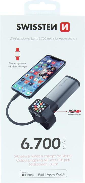 Produktbild Swissten 2in1 Apple Watch MFi Powerbank 6700 mAh (6700 mAh, 10.50 W, 10.50 Wh)