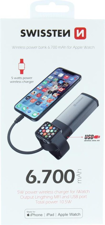 Swissten 2in1 Apple Watch MFi Powerbank 6700 mAh (6700 mAh, 10.50 W, 10.50 Wh)