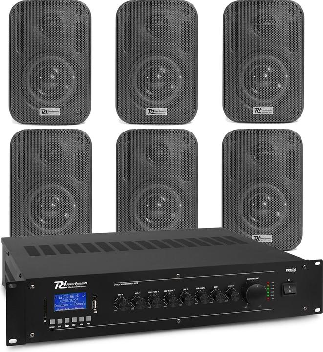 Actual product image Power Dynamics Outdoor Speaker Set - 6x Black 60W speakers and 100V amplifier - Bluetooth & Mp3 play (Passive, 1x 60 W)