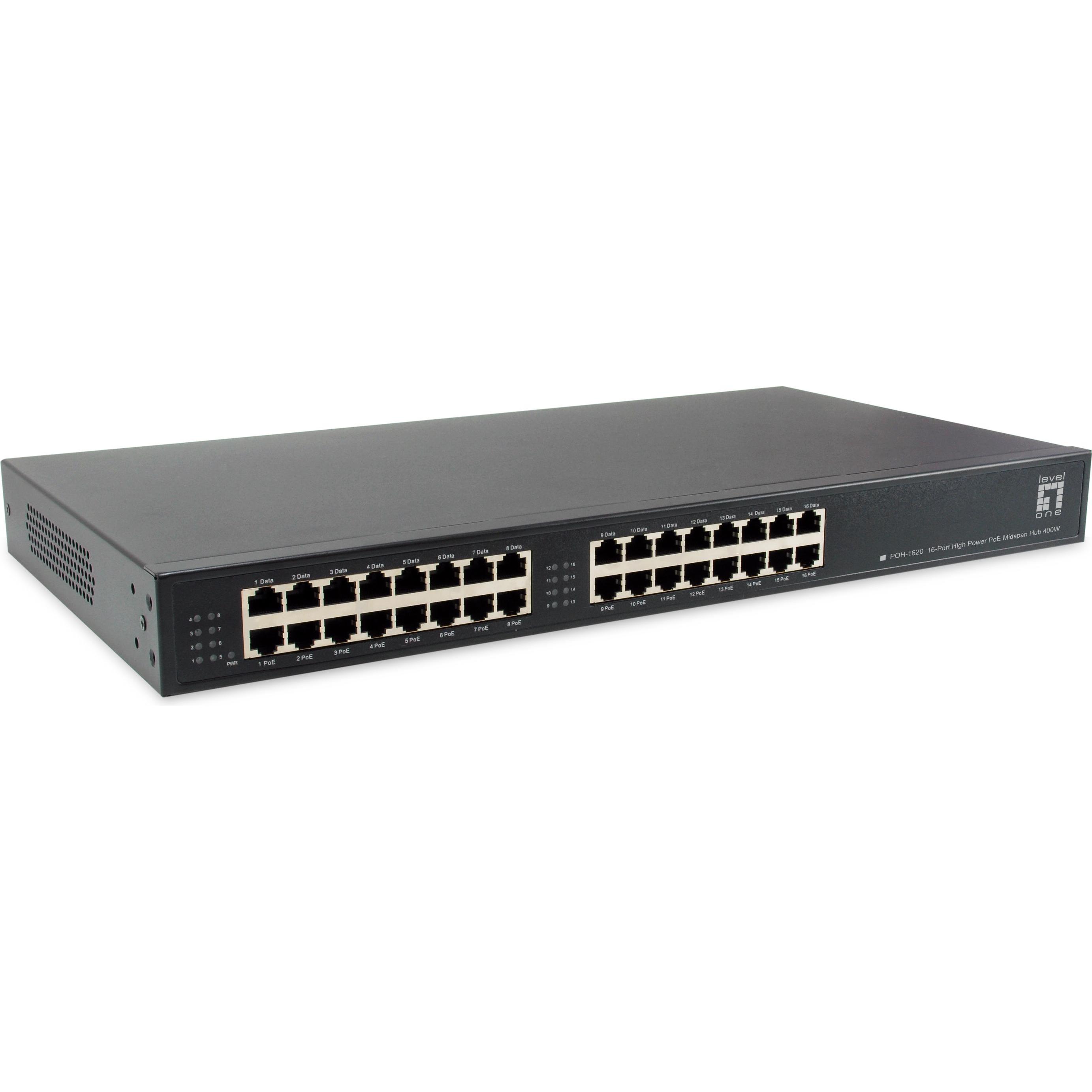 LevelOne PoE-HUB POH-1620 16x GE MidSpan (16 Ports), Netzwerk Switch, Schwarz