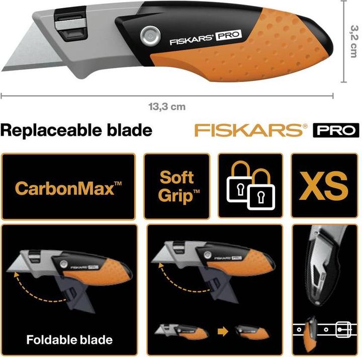 Actual product image Fiskars Pro Compact Universal Folding Knife, length 12 cm, stainless steel/plastic, black/orange (Cutters)
