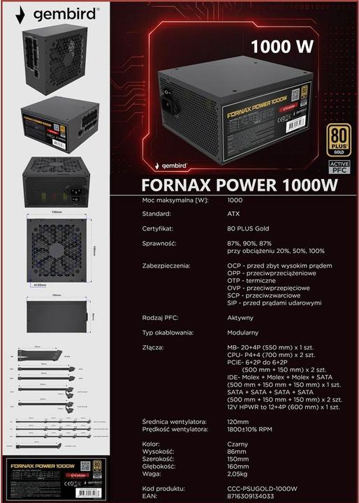 Produktbild Gembird CCC-PSUGOLD-1000W Netzteil Fornax Power 1000W aktiv PFC 12cm Lüfter 80+Gold (1000 W)